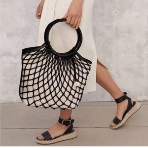 Brahmin Black Leather Net Tote w Canvas Insert Round Handle Bag